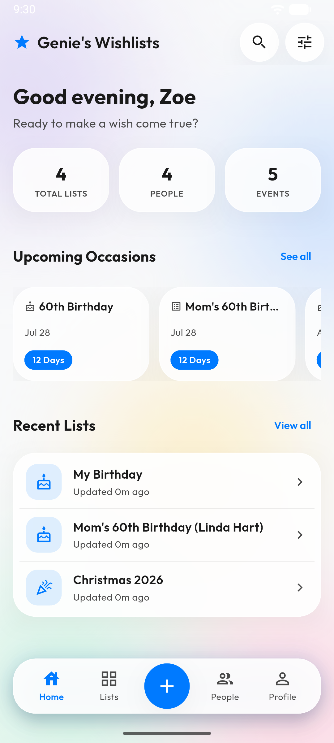 Home screen: a personal greeting, list / people / event counters, and an Upcoming Occasions carousel counting down 12 days to a 60th birthday