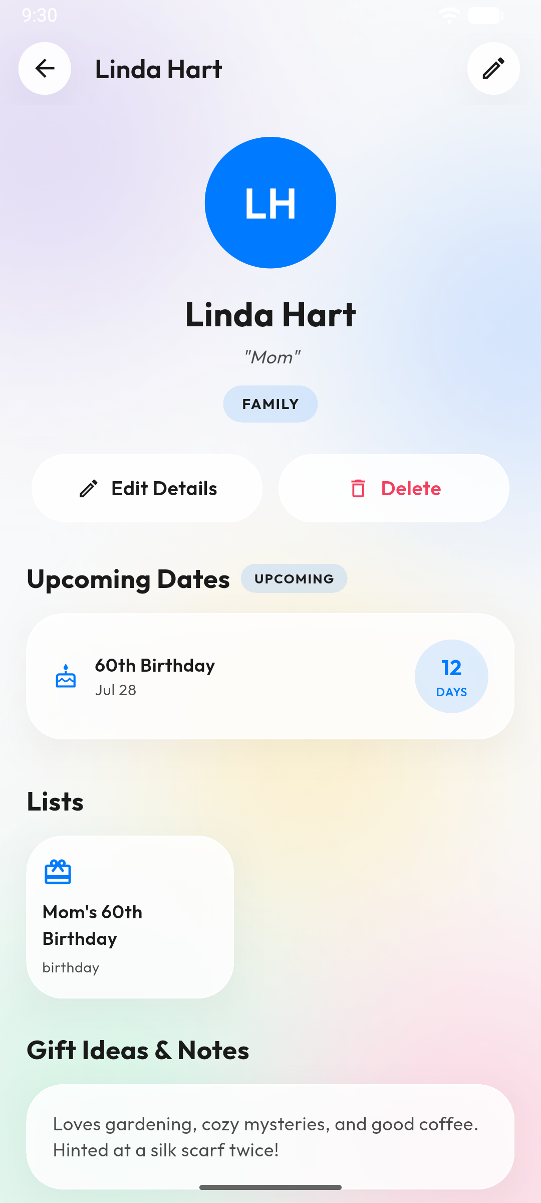 A person's profile with a 12-day birthday countdown, their linked gift list, and gift-idea notes