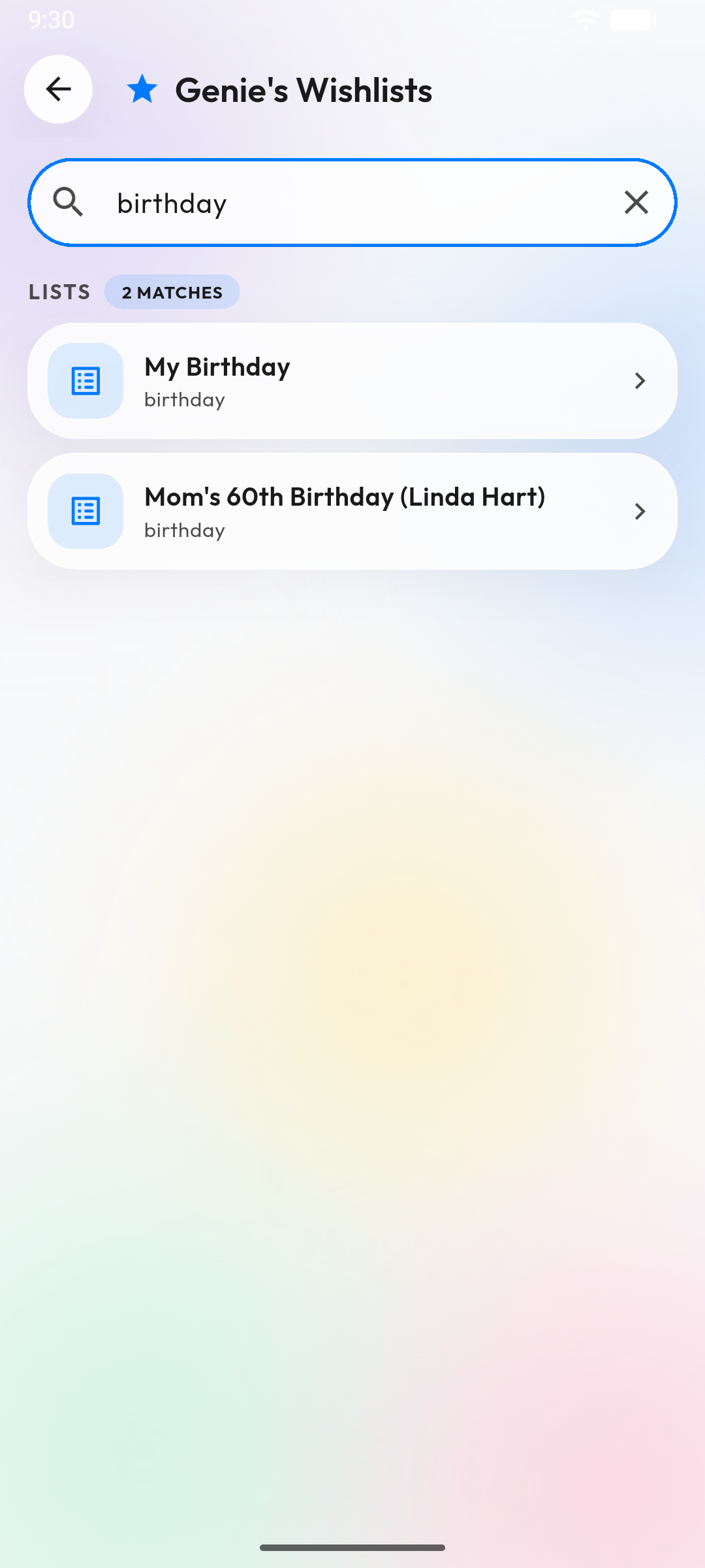 Search results for 'birthday' finding two matching lists instantly