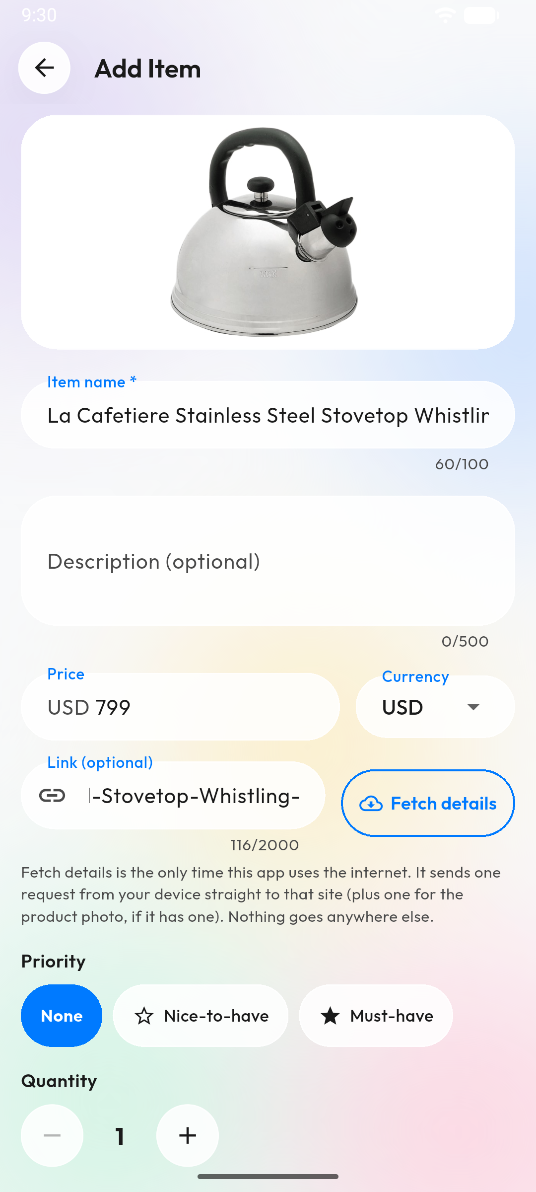 The Add Item form with a product photo, name and USD 799 price already filled in from a pasted link, a Fetch details button beside the link field, and priority and quantity controls below